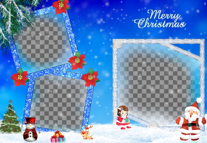Christmas card in which we include three photographs. It refers to the gifts from Santa Claus and shows the Christmas tree, a snowman and blue frames with glitter effect adorned with red..