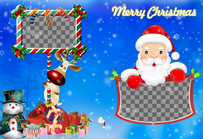The emblematic Rudolf and Santa Claus have two picture frames included in this post Christmas greeting blue folding. Also appears goodie bag from Santa Claus and Christmas themes and..