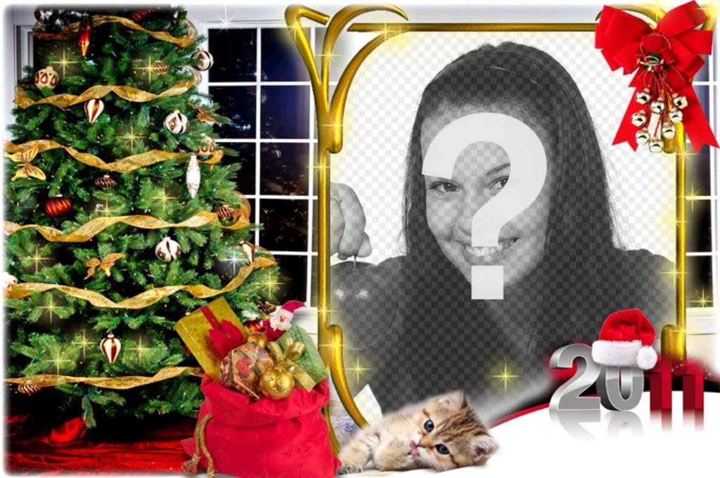 Christmas card in which your photo appears in a gold frame with a red ribbon and a bunch of bells. Your photo appears inside a home at Christmas, with the tree and the sack of presents and a small cat lying to your image, next to a 2011 in silver and red, with a Santa Claus..