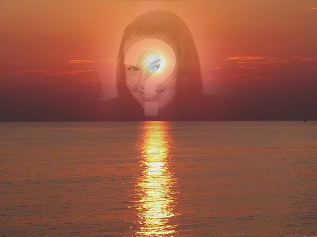Photo collage of a sunset, in shades of red, with a cut face or a photograph. This appears in transparency, focusing on the..
