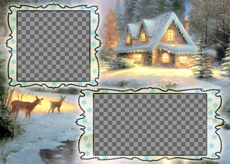 Christmas card charging where you can put two pictures, snowy village background and a..