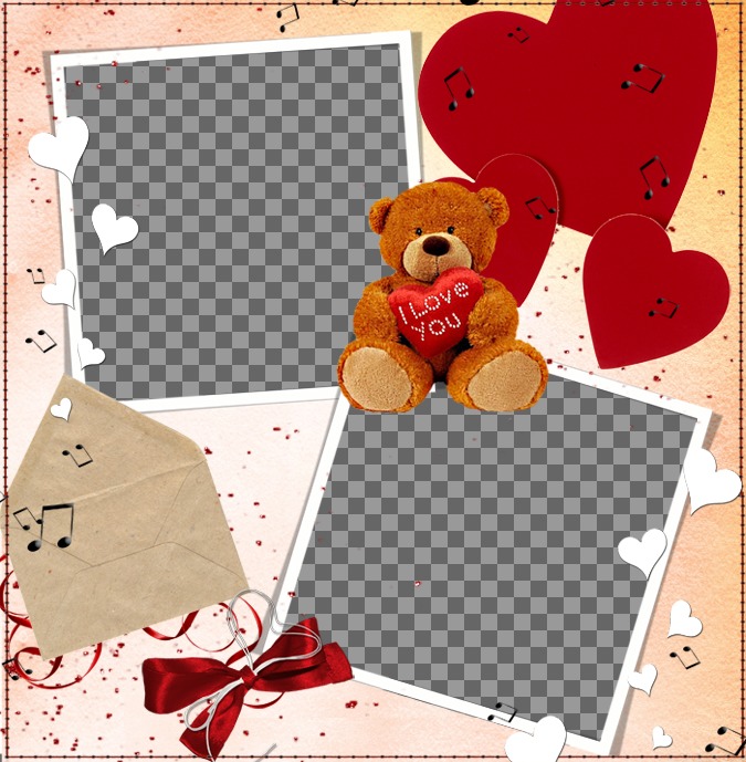 Postcard to do online for two photos, with decoration of a teddy bear, hearts and..