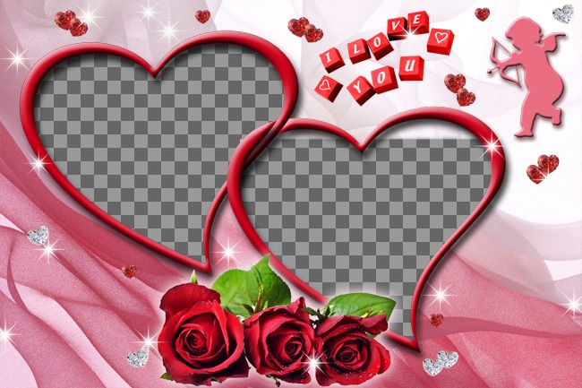 Montage of two photos heart shaped with roses and pink..