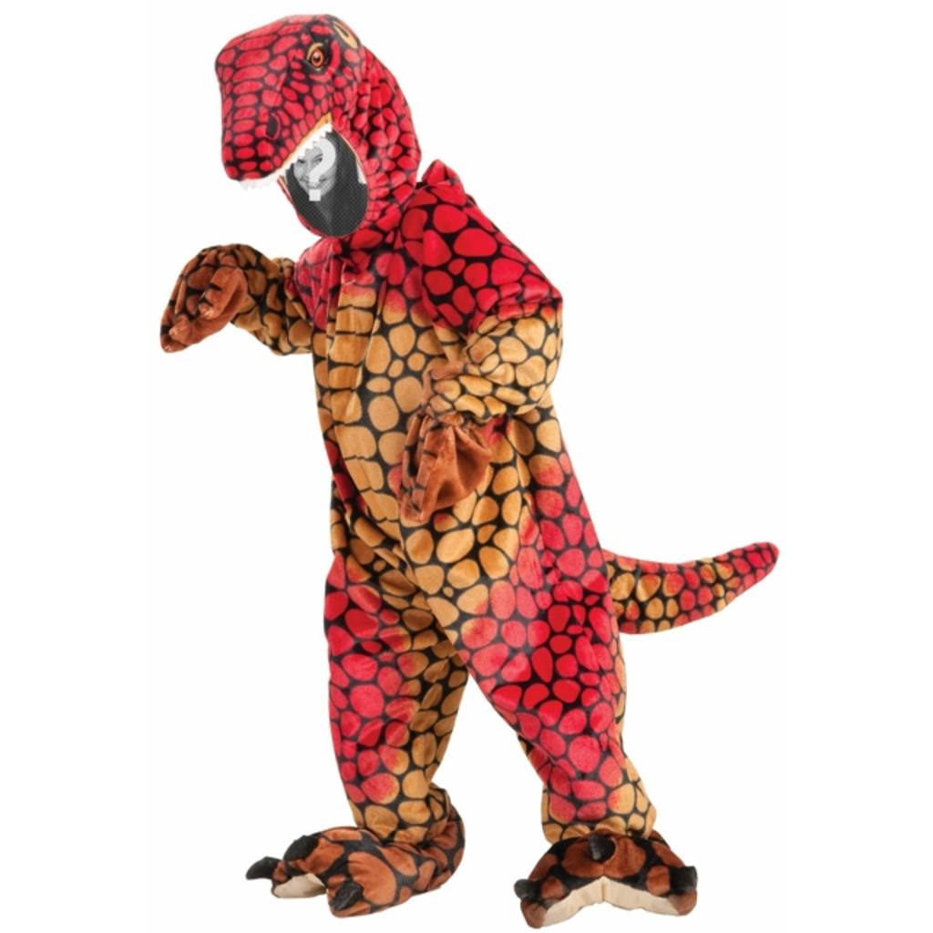 Create photomontages with this photograph of a child dressed in an orange dinosaur. ..