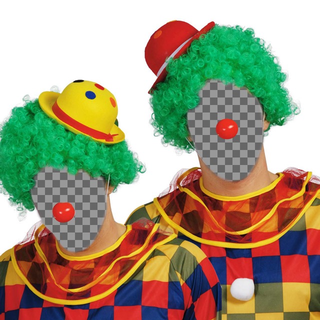 Photomontage with two colorful costumed clowns with red nose and green wig to put your face and another one's and add text for..