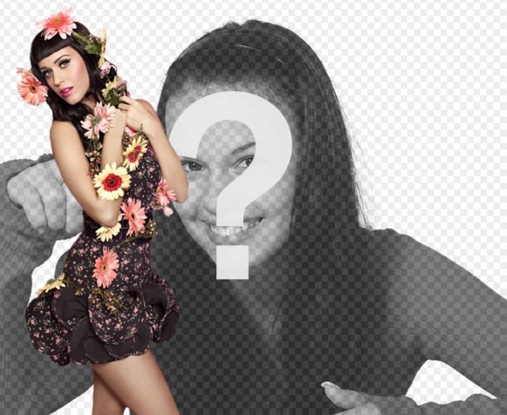 Photomontage with singer Katy Perry with flowers and Pinup style with black dress and black hair with..