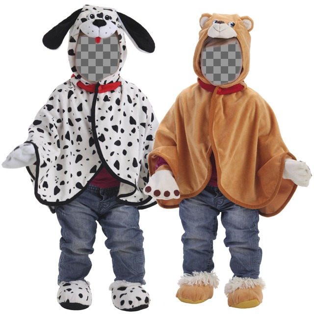 Photomontage of twin babies dressed like a teddy and a Dalmatian and to personalize with other..