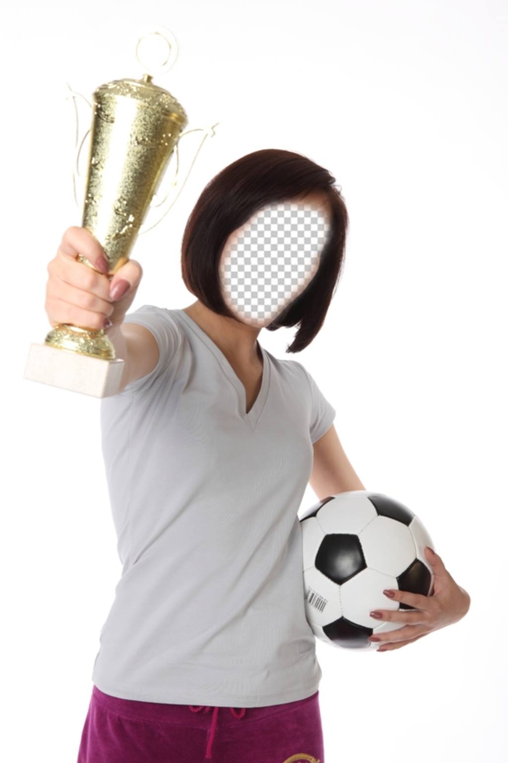 Photomontage with a girl football player holding a trophy and a soccer ball ..