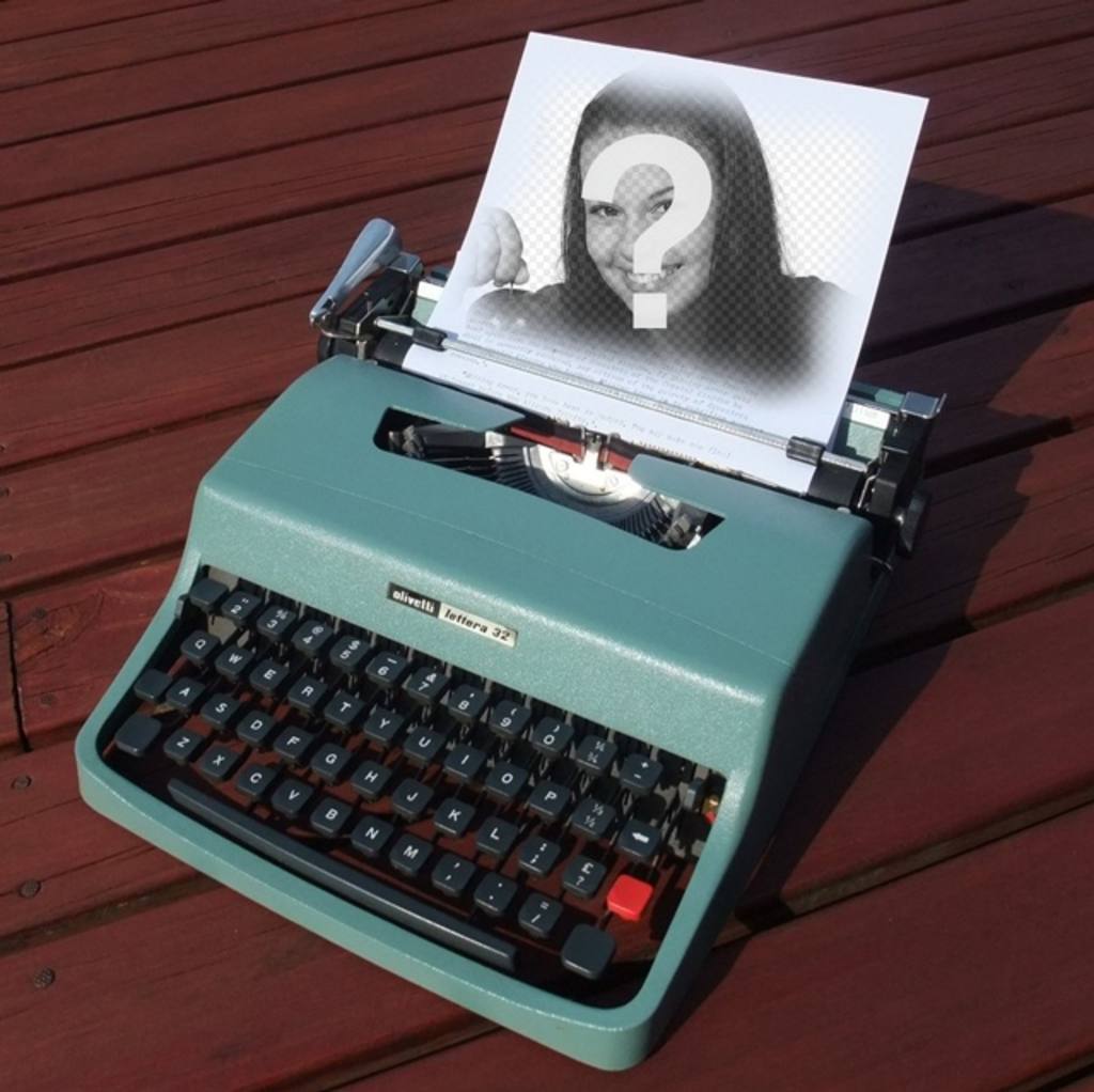 Photomontage with a vintage typewriter olivetti turquoise with a paper to put a..