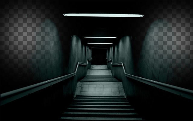 Create a terrifying collage with the image of a dark staircase and two photographs on each..