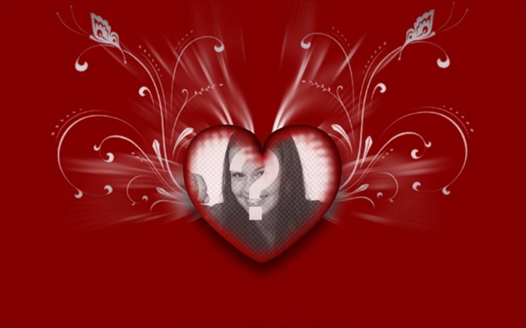 Photomontage of love with passion red background and a heart in the center where you can put your photo with rays of light and decorative..
