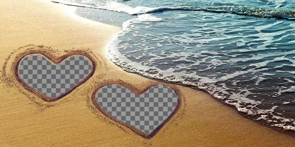 Collage of love with two hearts marked on the sand at the beach. ..