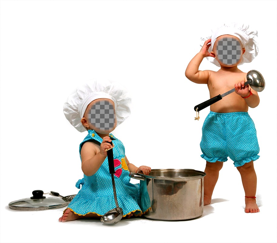 Photomontage with two babies dressed as cooks to put them face. ..