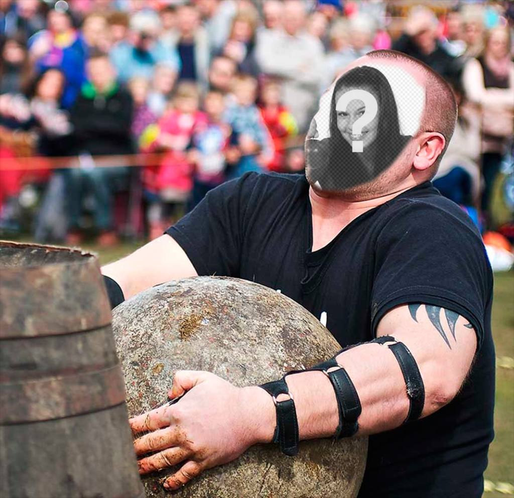 Face in hole of a strong Basque man  carrying doing stone lifting. ..