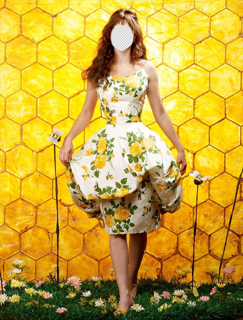 Photomontage of a girl posing with a beehive background ..