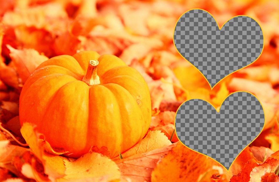 Collage for two photos with a pumpkin and falling leaves ..