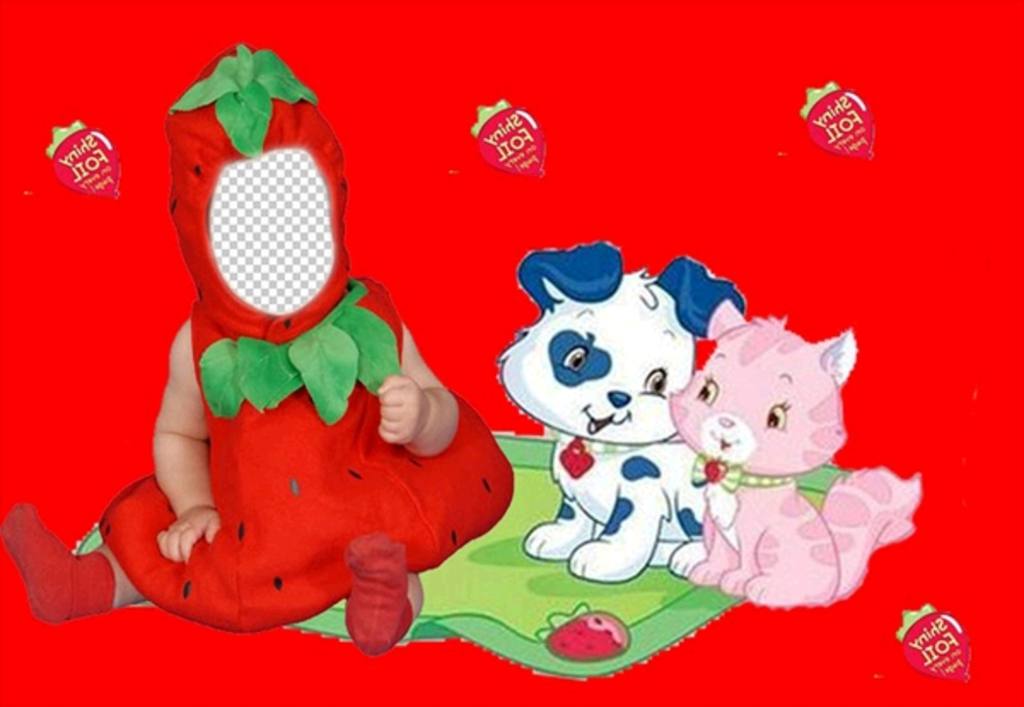 Virtual costume for children of a strawberry with a red background and puppies ..