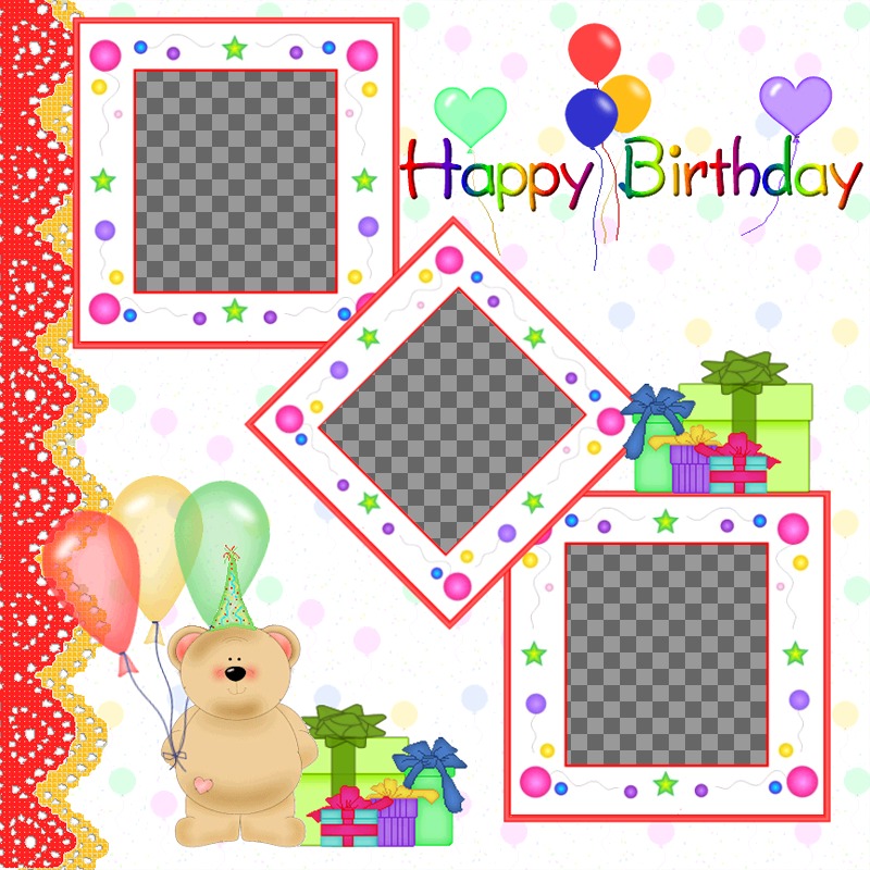 Postcard / birthday card for 3 photos with balloons and teddy bear..