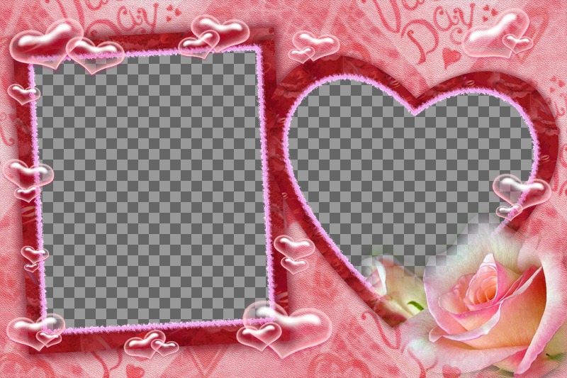 Frame for two pictures, one square and one heart shaped, pink background hearts and bubbles. Ideal for Valentine's..