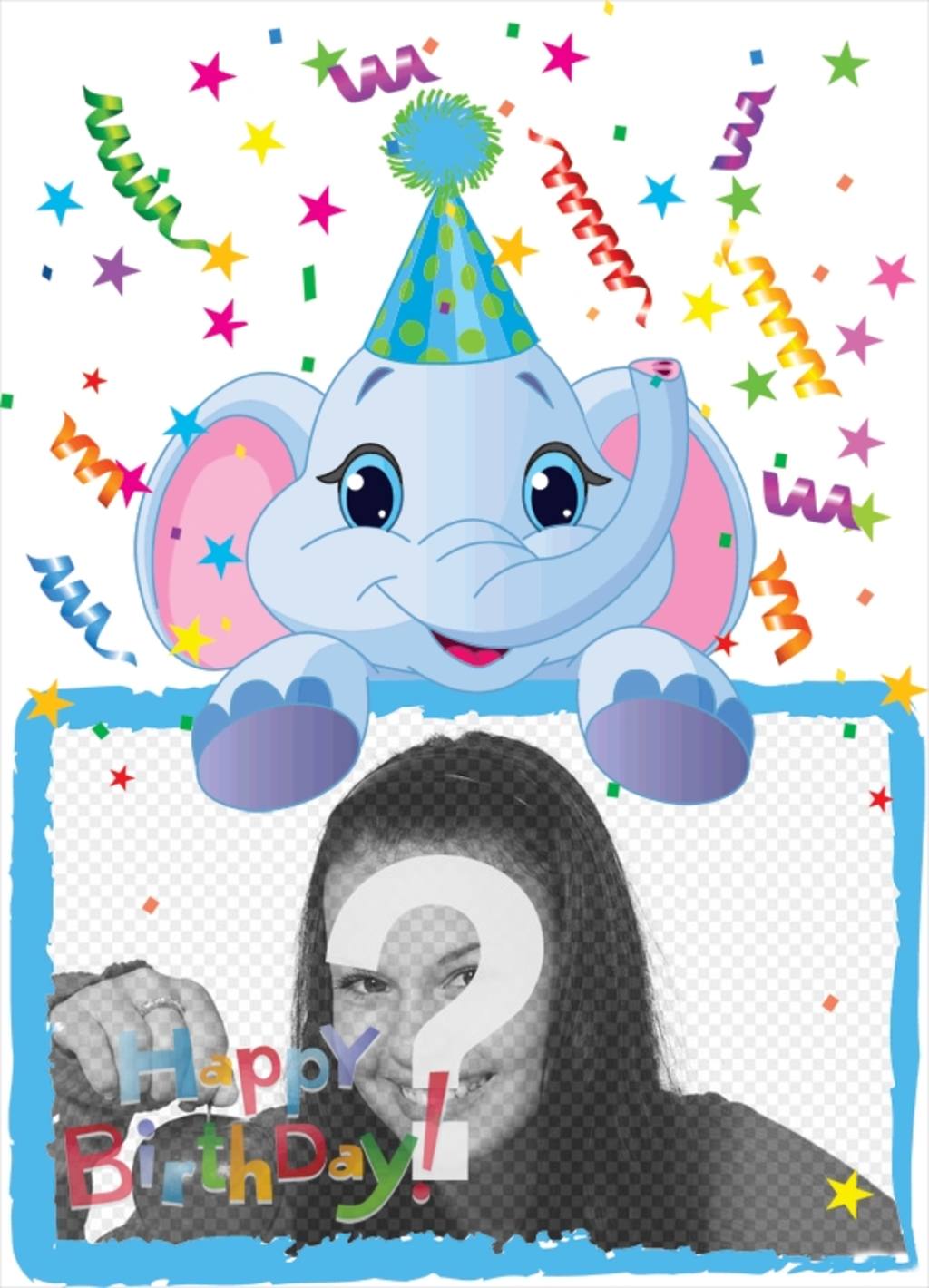 Birthday card in which will include a photograph held by a blue elephant. Fund..